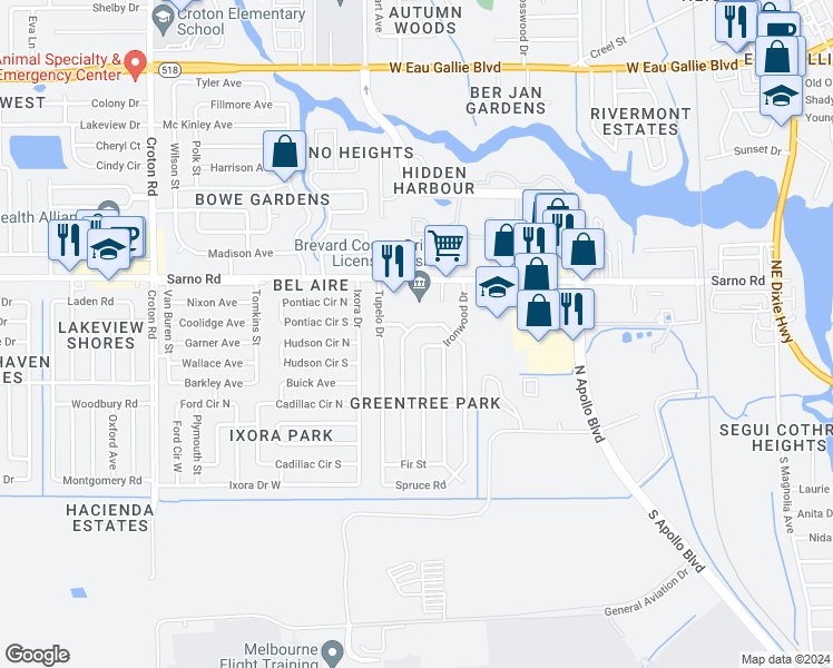 map of restaurants, bars, coffee shops, grocery stores, and more near 1539 Birch Street in Melbourne