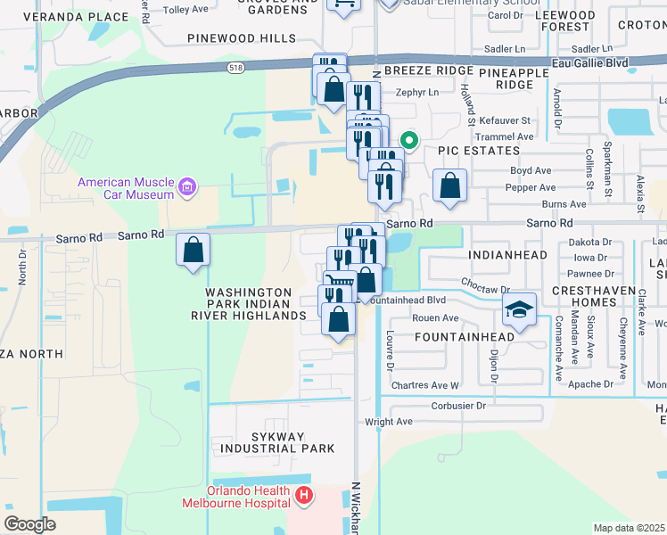 map of restaurants, bars, coffee shops, grocery stores, and more near 850 North Wickham Road in Melbourne