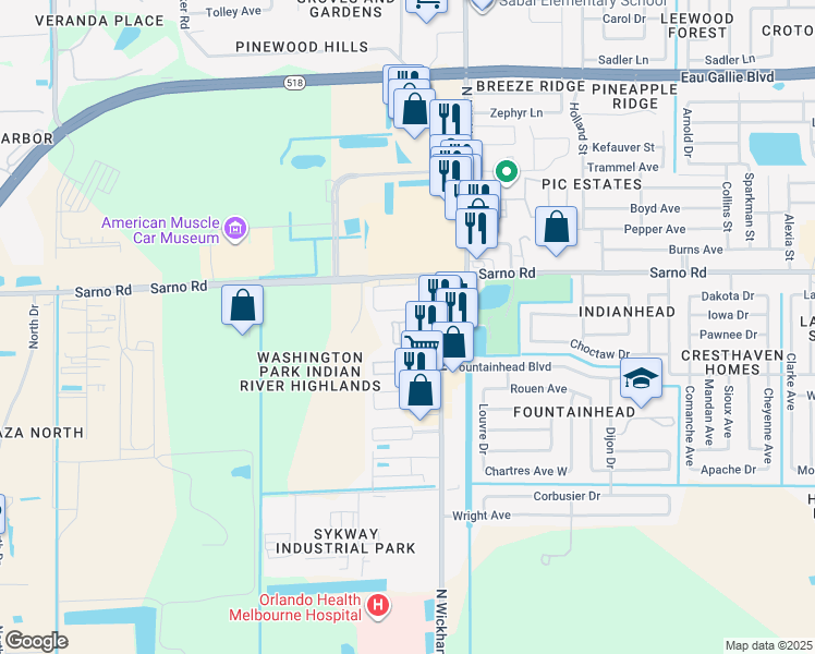 map of restaurants, bars, coffee shops, grocery stores, and more near 820 North Wickham Road in Melbourne