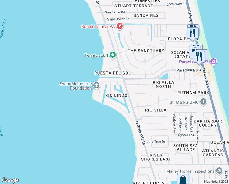 map of restaurants, bars, coffee shops, grocery stores, and more near 707 Brookside Drive in Indialantic