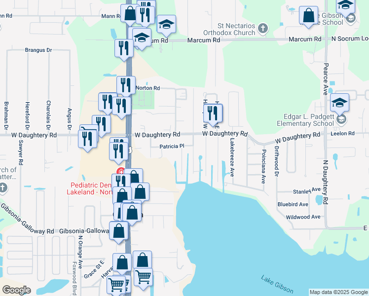 map of restaurants, bars, coffee shops, grocery stores, and more near 720 Patricia Place in Lakeland