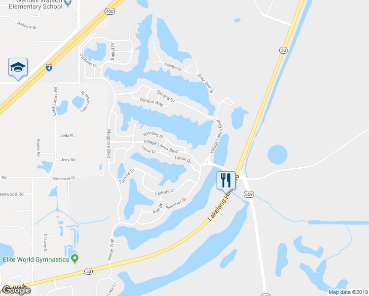 map of restaurants, bars, coffee shops, grocery stores, and more near 2749 Winnipeg Drive in Lakeland