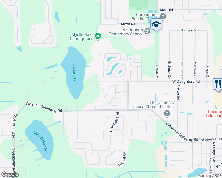 map of restaurants, bars, coffee shops, grocery stores, and more near 5837 Manchester Drive West in Lakeland