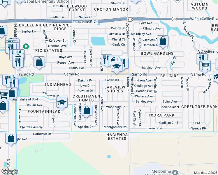 map of restaurants, bars, coffee shops, grocery stores, and more near 799 Cronin Avenue in Melbourne