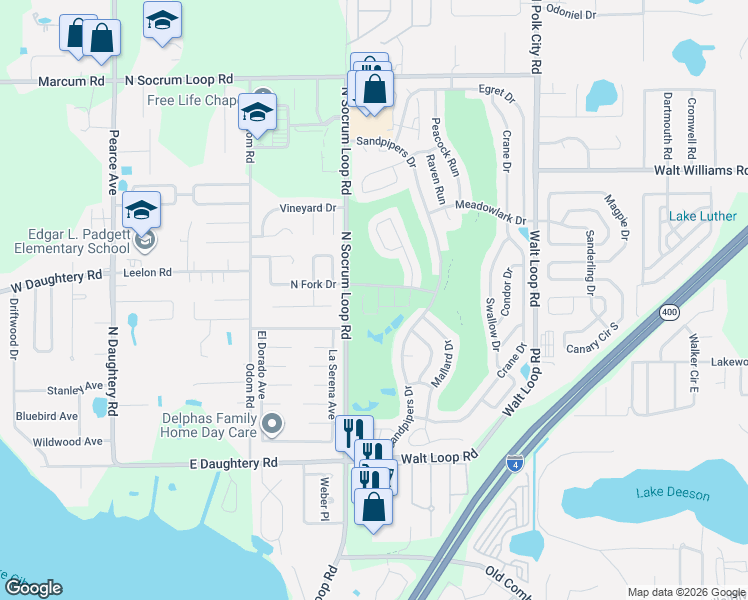 map of restaurants, bars, coffee shops, grocery stores, and more near Sandpiper Club Boulevard in Lakeland