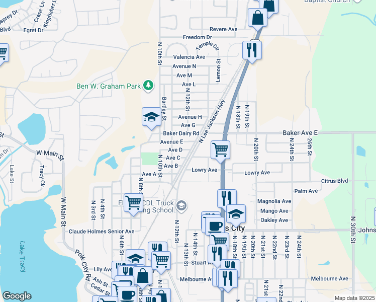 map of restaurants, bars, coffee shops, grocery stores, and more near 1129 Avenue D in Haines City