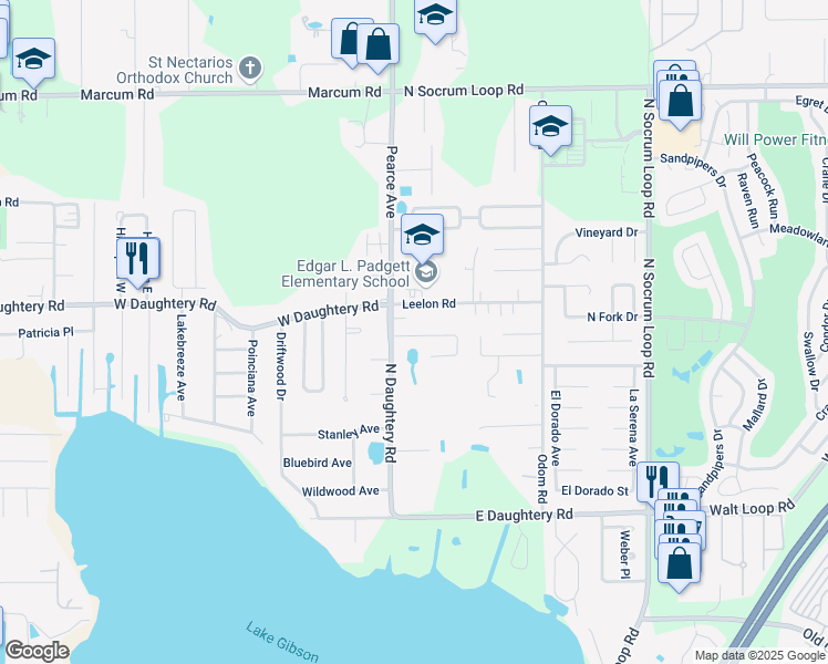 map of restaurants, bars, coffee shops, grocery stores, and more near 115 Leelon Road in Lakeland