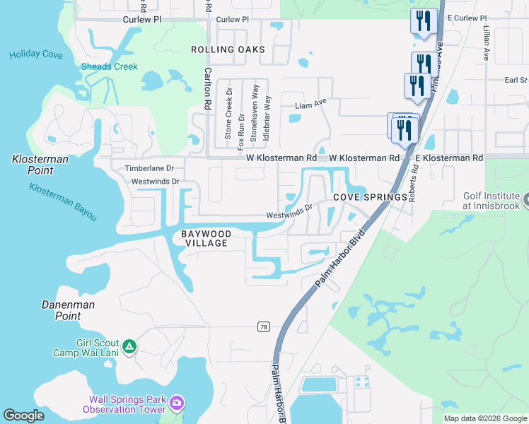 map of restaurants, bars, coffee shops, grocery stores, and more near 377 Westwinds Drive in Palm Harbor