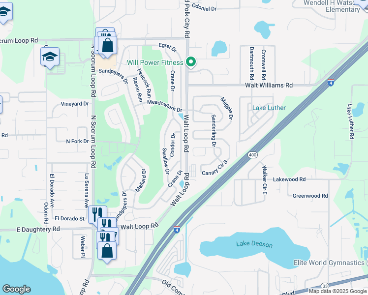 map of restaurants, bars, coffee shops, grocery stores, and more near 6019 Crane Drive in Lakeland