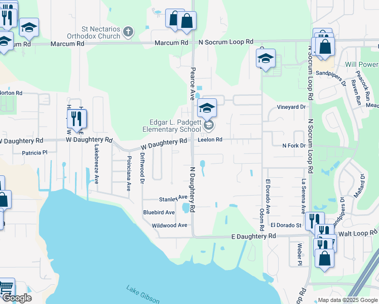 map of restaurants, bars, coffee shops, grocery stores, and more near 5828 North Daughtery Road in Lakeland