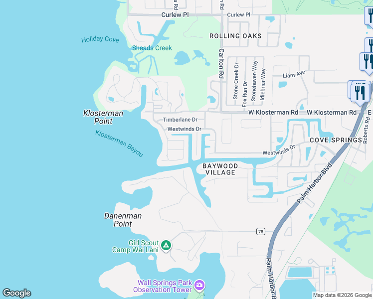 map of restaurants, bars, coffee shops, grocery stores, and more near 501 Driftwood Drive East in Palm Harbor