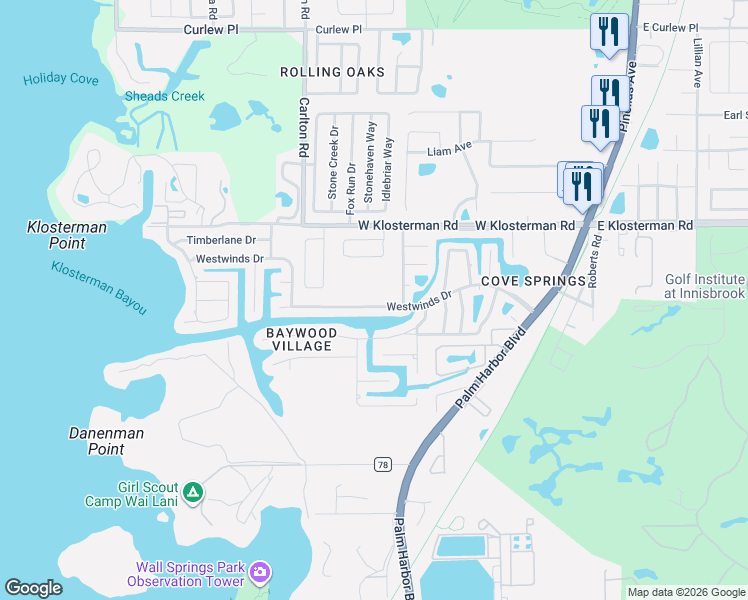 map of restaurants, bars, coffee shops, grocery stores, and more near 377 Westwinds Drive in Palm Harbor