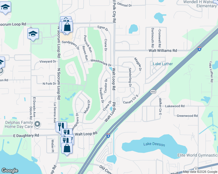 map of restaurants, bars, coffee shops, grocery stores, and more near 6046 Crane Drive in Lakeland