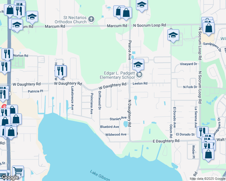 map of restaurants, bars, coffee shops, grocery stores, and more near 5717 Daughtery Downs Loop in Lakeland