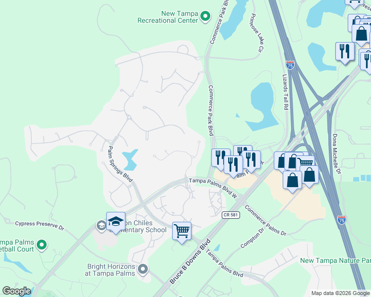 map of restaurants, bars, coffee shops, grocery stores, and more near 17210 Keely Drive in Tampa