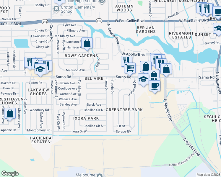 map of restaurants, bars, coffee shops, grocery stores, and more near 839 Tupelo Drive in Melbourne