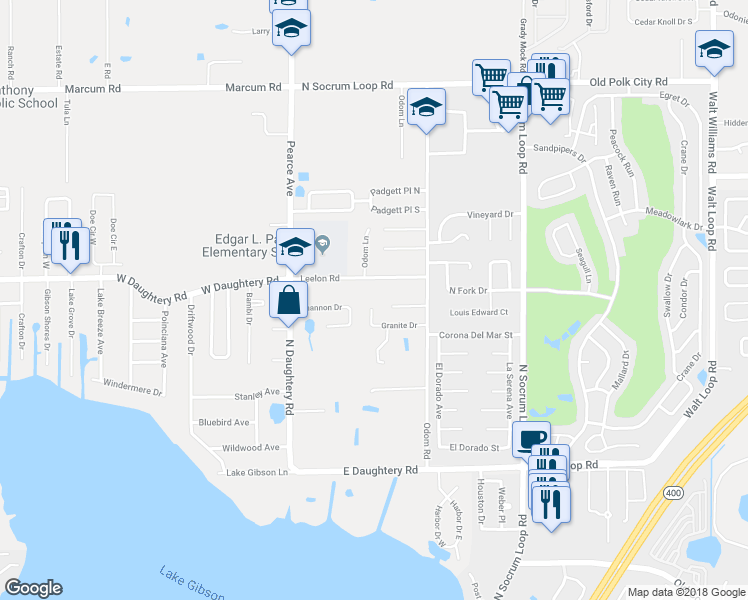 map of restaurants, bars, coffee shops, grocery stores, and more near 201 Granite Drive in Lakeland