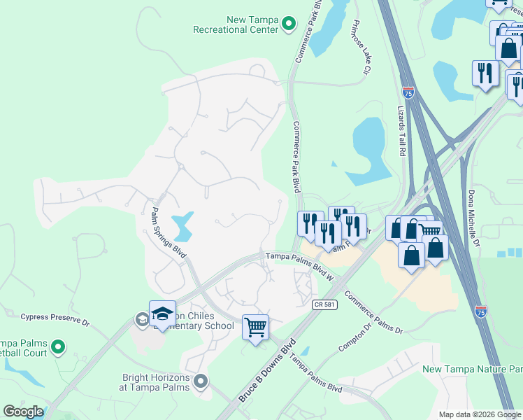 map of restaurants, bars, coffee shops, grocery stores, and more near 17210 Keely Drive in Tampa