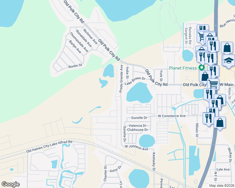 map of restaurants, bars, coffee shops, grocery stores, and more near 909A Prado Grande Street in Haines City