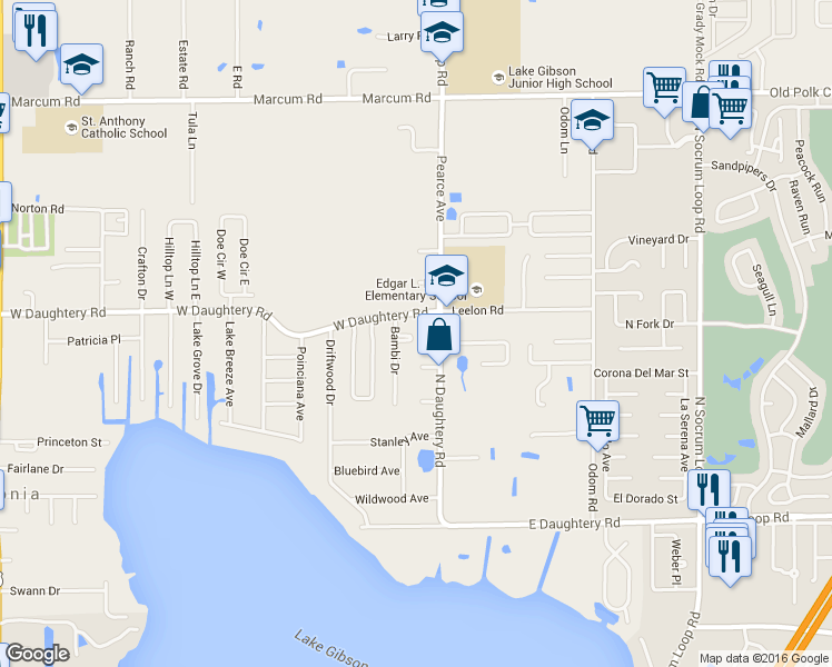 map of restaurants, bars, coffee shops, grocery stores, and more near 110 West Daughtery Road in Lakeland