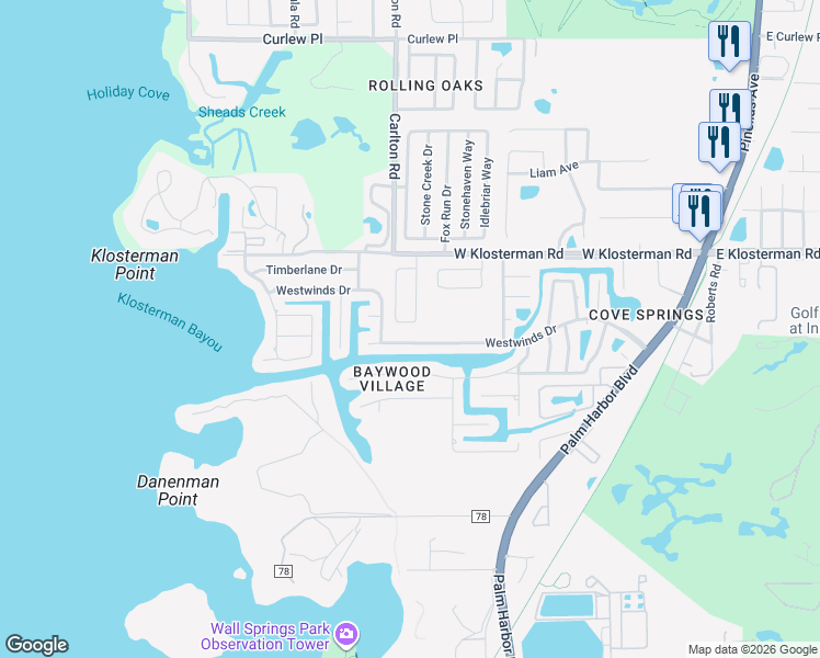map of restaurants, bars, coffee shops, grocery stores, and more near 4890 Harbor Woods Drive in Palm Harbor