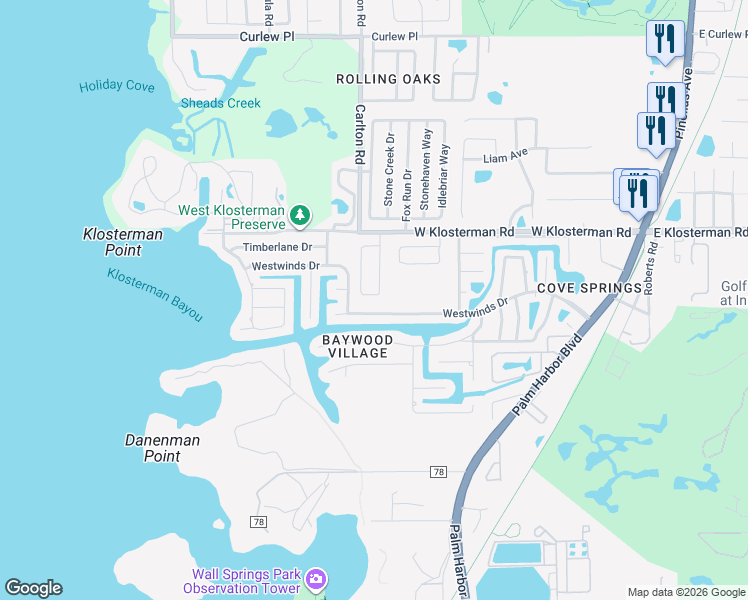map of restaurants, bars, coffee shops, grocery stores, and more near 4890 Harbor Woods Drive in Palm Harbor