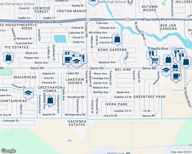 map of restaurants, bars, coffee shops, grocery stores, and more near 1988 Coolidge Avenue in Melbourne