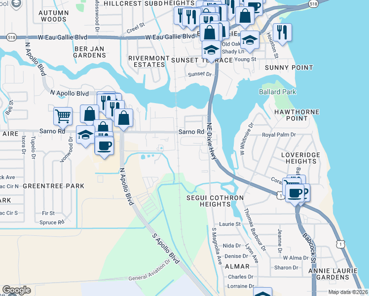 map of restaurants, bars, coffee shops, grocery stores, and more near 872 Adger Smith Lane in Melbourne