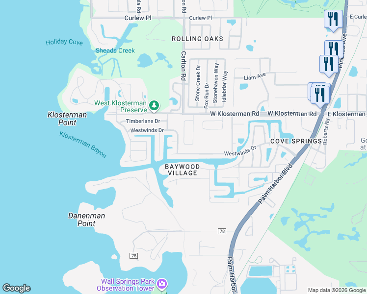 map of restaurants, bars, coffee shops, grocery stores, and more near 4890 Harbor Woods Drive in Palm Harbor