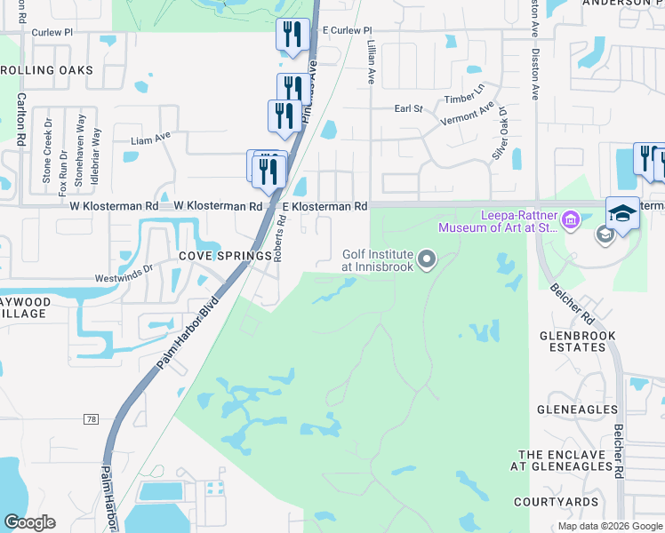 map of restaurants, bars, coffee shops, grocery stores, and more near 4799 Klosterman Oaks Boulevard in Palm Harbor