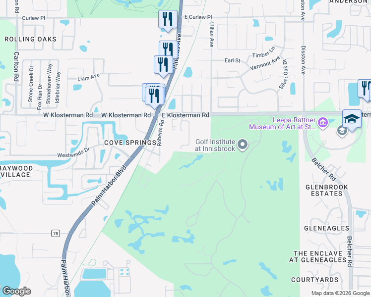 map of restaurants, bars, coffee shops, grocery stores, and more near 4791 Klosterman Oaks Boulevard in Palm Harbor