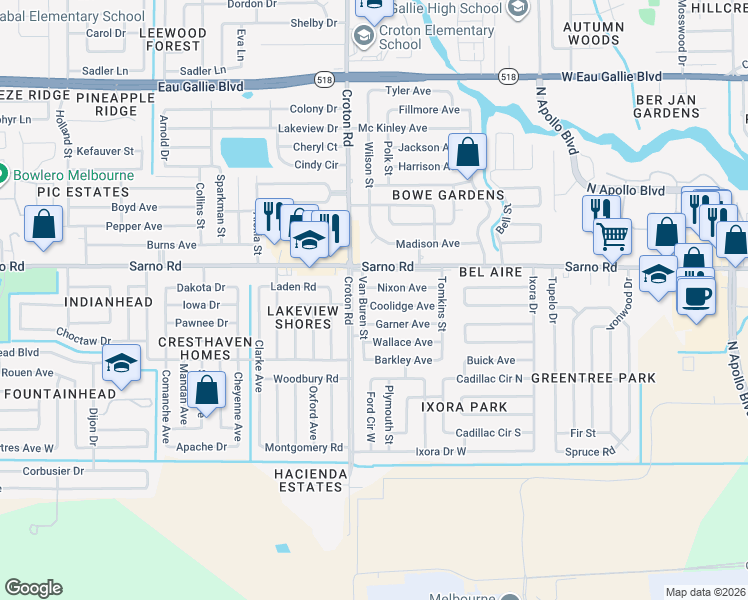 map of restaurants, bars, coffee shops, grocery stores, and more near 2014 Coolidge Avenue in Melbourne