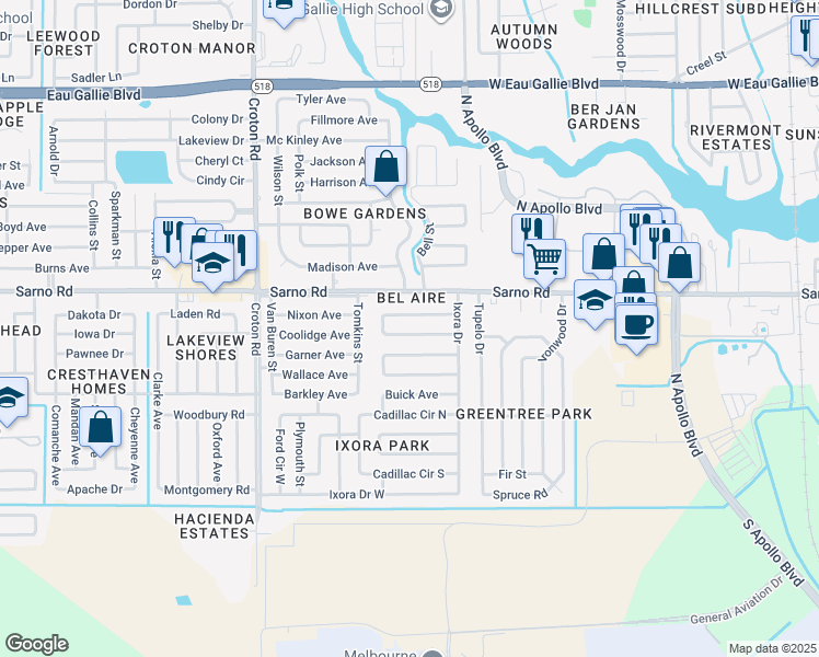 map of restaurants, bars, coffee shops, grocery stores, and more near 1754 Pontiac Circle North in Melbourne