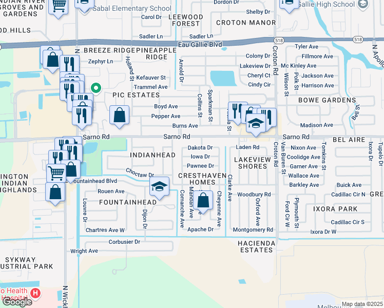 map of restaurants, bars, coffee shops, grocery stores, and more near 2483 Dakota Drive in Melbourne