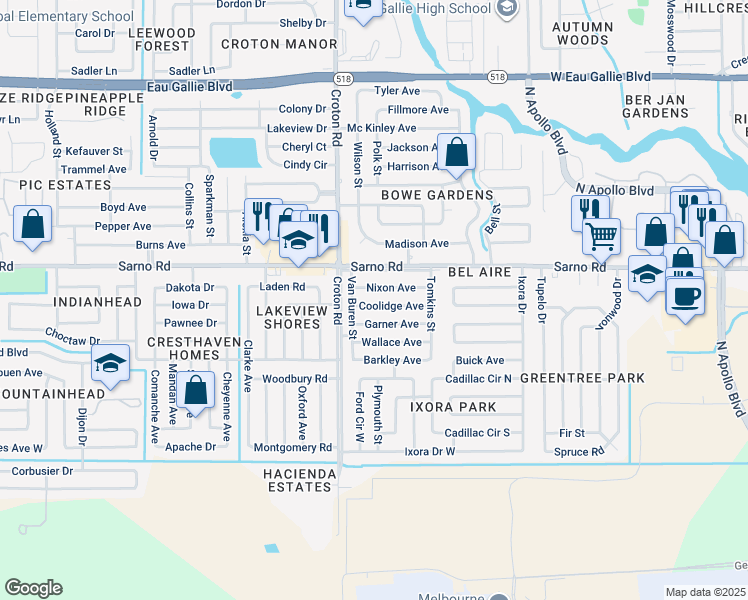 map of restaurants, bars, coffee shops, grocery stores, and more near 1988 Coolidge Avenue in Melbourne