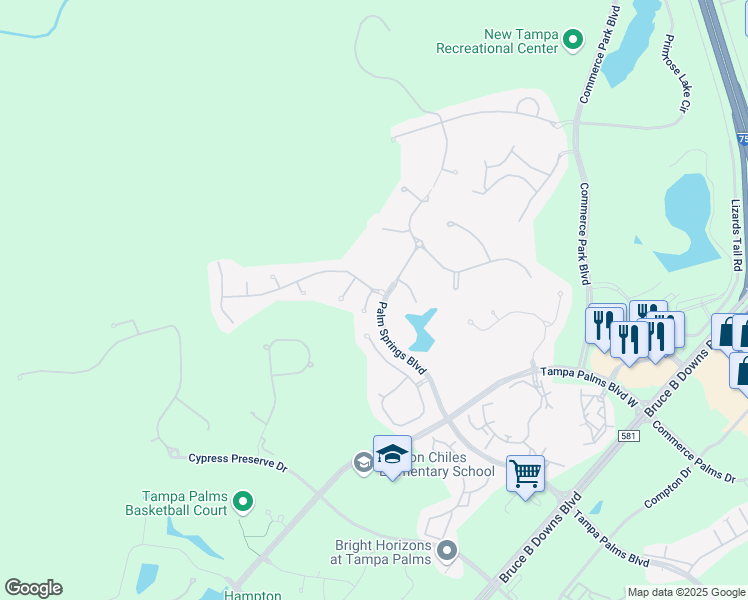map of restaurants, bars, coffee shops, grocery stores, and more near 16307 Royal Park Court in Tampa