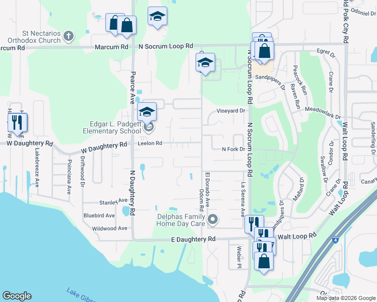 map of restaurants, bars, coffee shops, grocery stores, and more near 5842 Odom Road in Lakeland