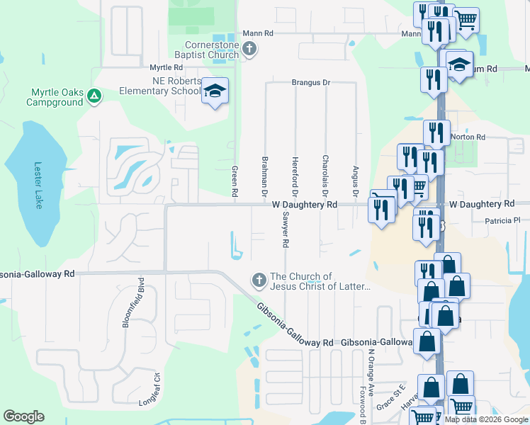 map of restaurants, bars, coffee shops, grocery stores, and more near 1804 West Daughtery Road in Lakeland