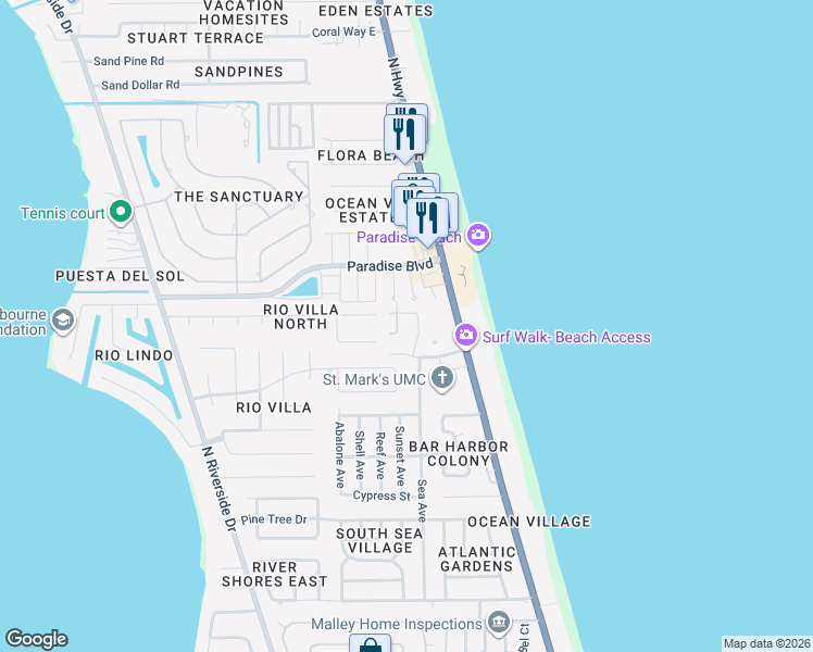map of restaurants, bars, coffee shops, grocery stores, and more near 365 Brewster Rd in Indialantic
