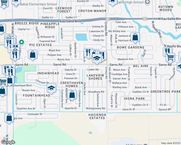 map of restaurants, bars, coffee shops, grocery stores, and more near 833 Cronin Avenue in Melbourne
