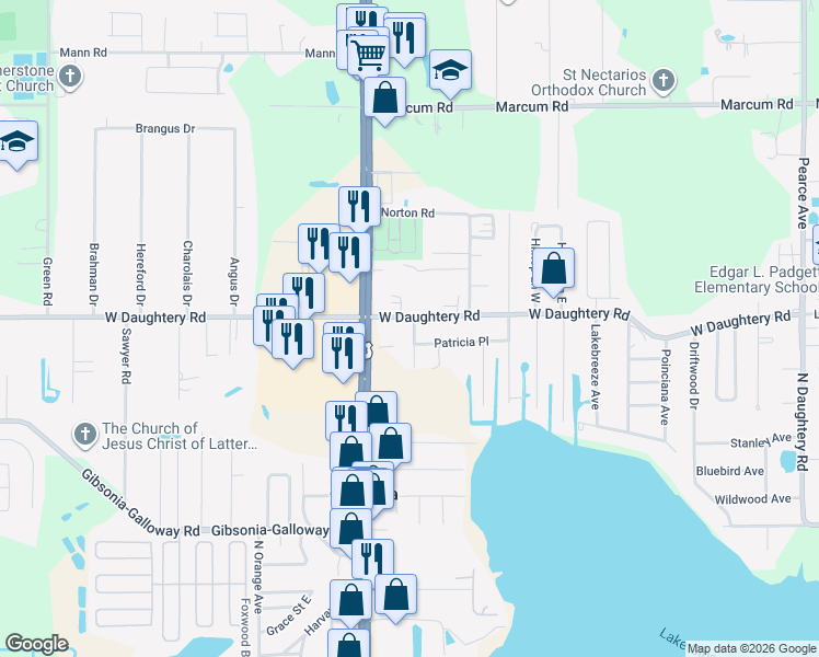 map of restaurants, bars, coffee shops, grocery stores, and more near 5852 Olender Drive in Lakeland