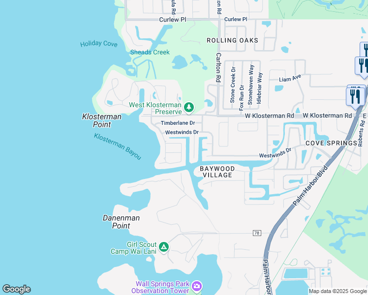 map of restaurants, bars, coffee shops, grocery stores, and more near 405 Driftwood Drive East in Palm Harbor