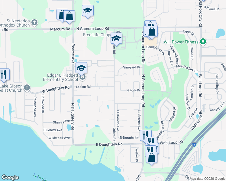 map of restaurants, bars, coffee shops, grocery stores, and more near 5840 Odom Road in Lakeland