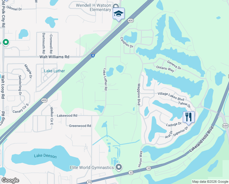 map of restaurants, bars, coffee shops, grocery stores, and more near 1943 Leila Place in Lakeland