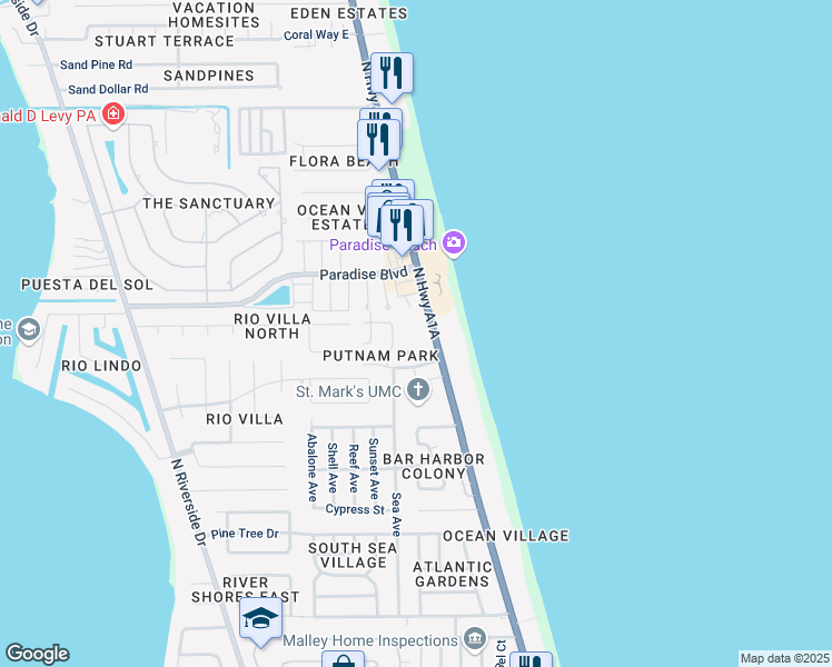 map of restaurants, bars, coffee shops, grocery stores, and more near 2160 North Highway A1A in Indialantic