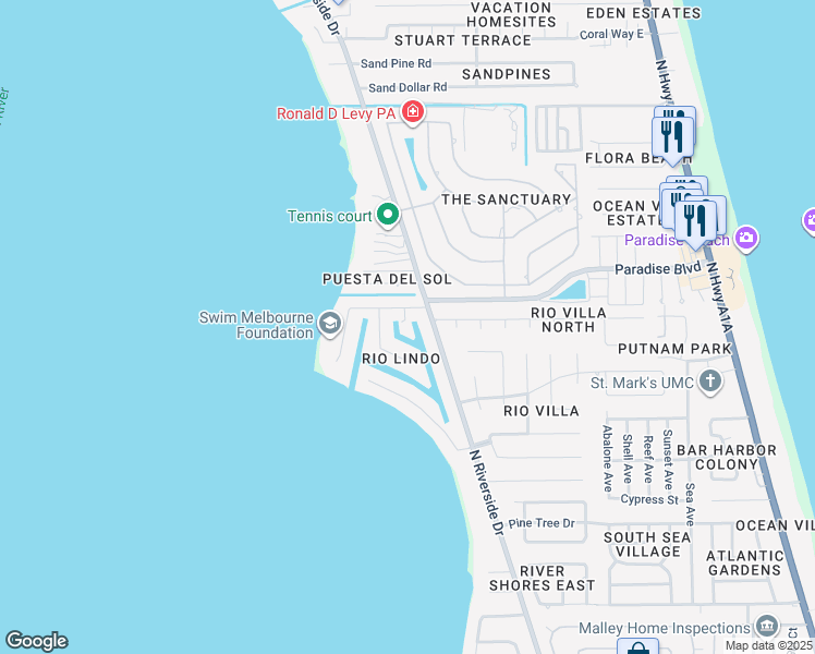 map of restaurants, bars, coffee shops, grocery stores, and more near 707 Brookside Drive in Indialantic