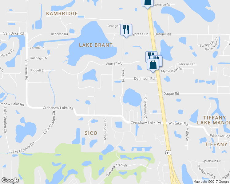 map of restaurants, bars, coffee shops, grocery stores, and more near 17301 Lynndan Drive in Lutz