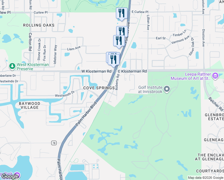 map of restaurants, bars, coffee shops, grocery stores, and more near 4720 Pleasant Avenue in Palm Harbor