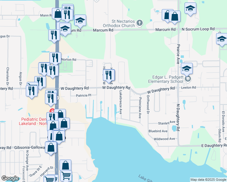 map of restaurants, bars, coffee shops, grocery stores, and more near 5839 Lake Grove Drive in Lakeland