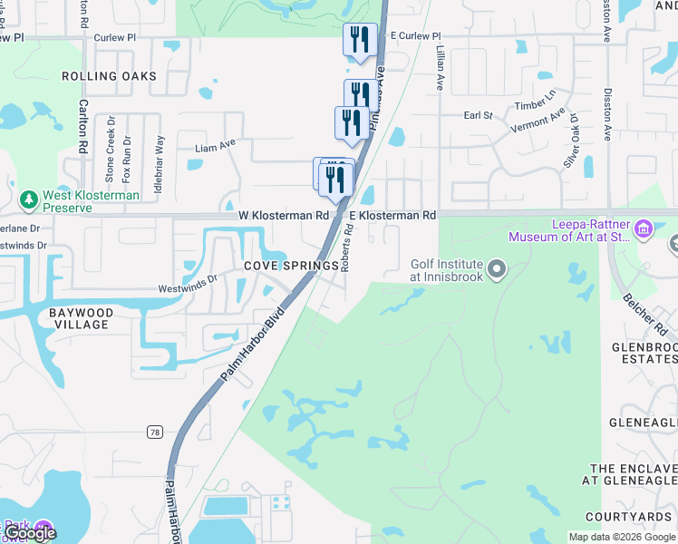 map of restaurants, bars, coffee shops, grocery stores, and more near 4720 Pleasant Avenue in Palm Harbor